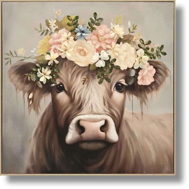 Contemplative Blossom Crowned Cow Canvas Wall Art In Multi