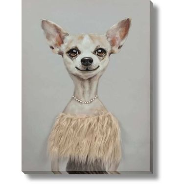 Contemplative Glamorous Pup in Pearls Canvas Wall Art In Multi