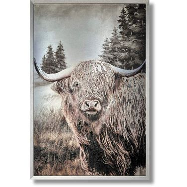 Contemplative Highland Cow Art Print Aluminum Wall Art In Multi