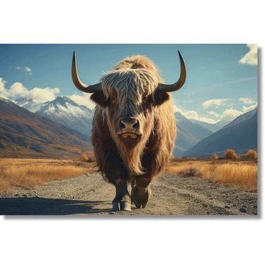 Contemplative Highway Cow Frameless Tempered Glass Wall Art In Multi