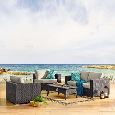Convene Espresso Beige 5 Piece Set Outdoor Patio with Fire Pit EEI-3728-EXP-BEI-SET
