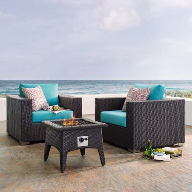 Convene Espresso Turquois 3 Piece Set Outdoor Patio with Fire Pit