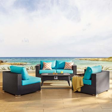 Convene Espresso Turquoise 5 Piece Set Outdoor Patio with Fire Pit