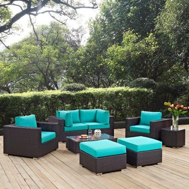 Convene Espresso Turquoise 8 Piece Outdoor Patio Sectional Set