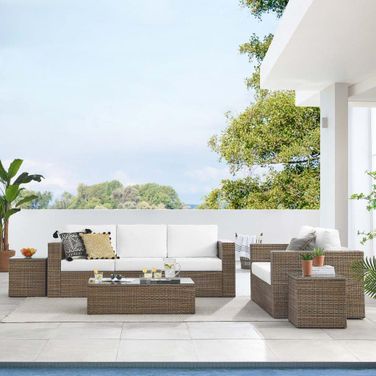 Convene Outdoor Patio 5 Piece Furniture Set In Cappuccino White