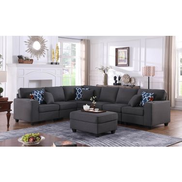 Cooper 125 Inch Linen 7 Piece Reversible L Shape Sectional Sofa with Ottoman and Cupholder In Dark Gray