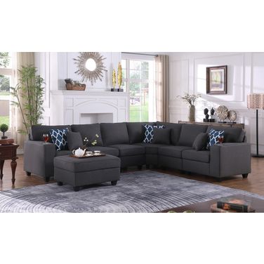 Cooper 125 Inch Linen 7 Piece Reversible L Shape Sectional Sofa with Ottoman and Cupholder In Dark Gray