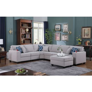 Cooper Light Gray Linen 7Pc Reversible L-Shape Sectional Sofa With Ottoman And Cupholder 89131-2B