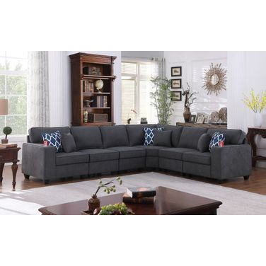 Cooper 125 Inch Woven Fabric 6 Piece Reversible L Shape Sectional Sofa with Cupholder In Stone Gray
