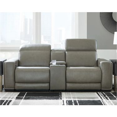 Correze Leather Power Reclining Console Loveseat In Gray