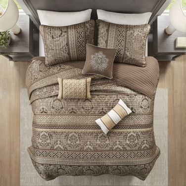 Corrine Polyester Jacquard King Coverlet 6 Piece Set In Brown/Gold