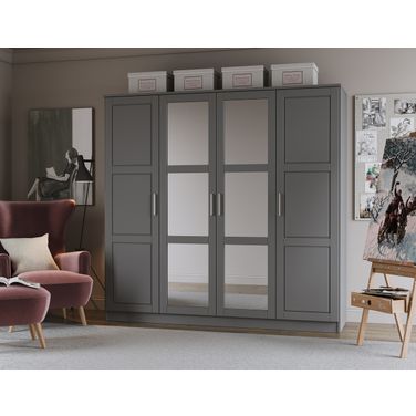 Cosmo 4-Door Wardrobe with Mirrored Doors In Gray