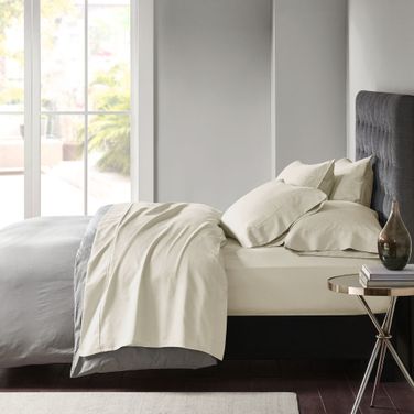 Cotton and Polyester Sateen Blend 7 Piece Split King Sheet Set In Ivory