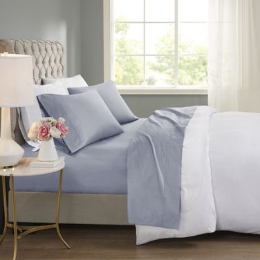 Cotton And Polyester Sateen 4 Piece California King Cooling Sheet Sets With Huntsman Cooling Chemical In Blue