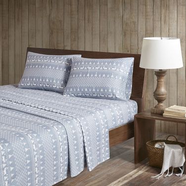 Cotton Flannel Printed 4 Piece California King Sheet Set In Blue Winter Frost