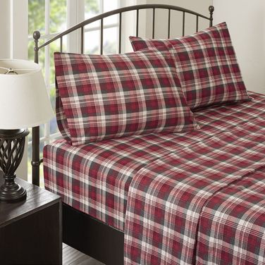 Cotton Flannel 4 Piece Queen Sheet Set In Red Plaid