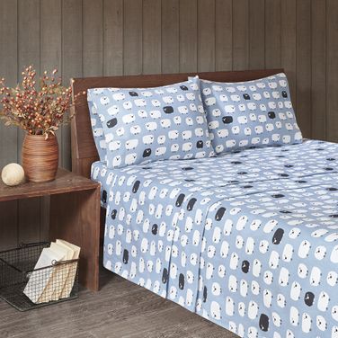 Cotton Printed 4 Piece California King Sheet Set In Blue Sheep
