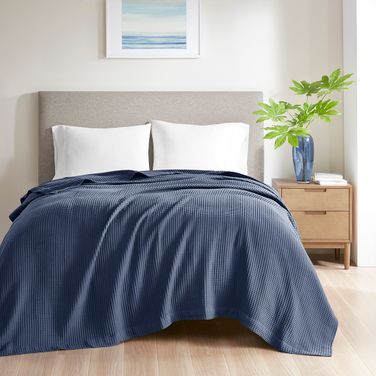 Cotton Waffle Weave Twin Blanket In Indigo