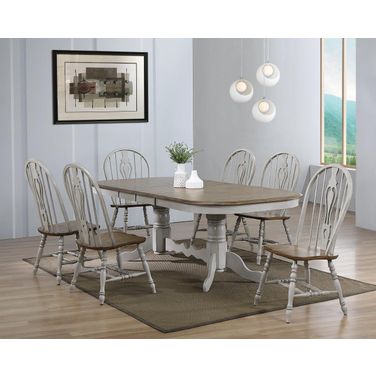 Country Grove Distressed Gray and Brown Wood 7 Piece Double Pedestal Extendable Dining Table Set