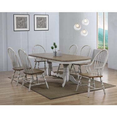 Country Grove Distressed Gray and Brown Wood 7 Piece Double Pedestal Extendable Dining Table Set