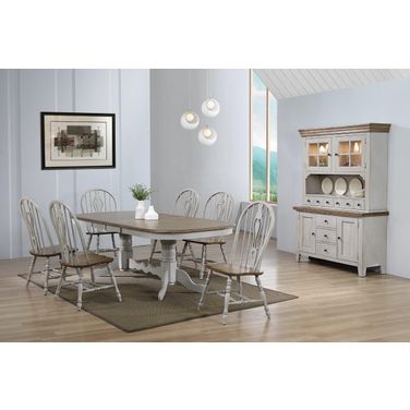 Country Grove Distressed Gray and Brown Wood 8 Piece Double Pedestal Extendable Dining Table Set