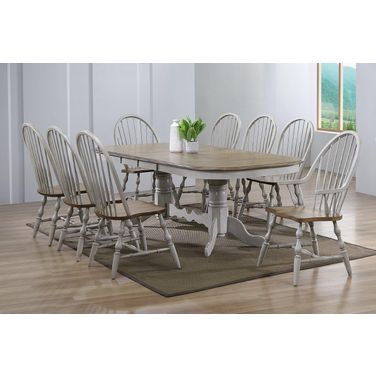 Country Grove Distressed Gray and Brown Wood 9 Piece Double Pedestal Extendable Dining Table Set