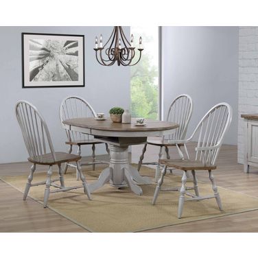 Country Grove Distressed Gray and Brown Wood Round or Oval Extendable Dining Table Set