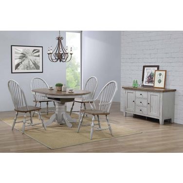 Country Grove Distressed Gray and Brown Wood Round or Oval Extendable Dining Table Set
