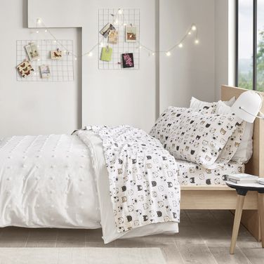 Cozy Cotton Flannel Pigment Printed 3 Piece Twin XL Sheet Set In Grey/Pink Cats