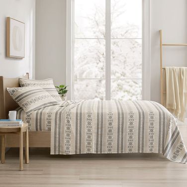 Cozy Cotton Flannel Printed 4 Piece King Sheet Set In Gray and Taupe Nordic
