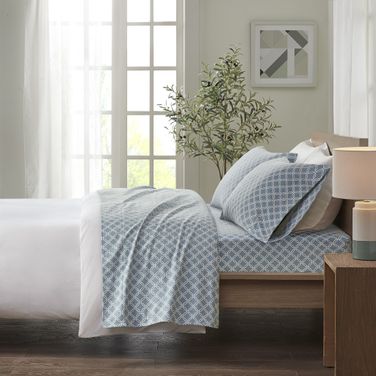 Cozy Cotton Flannel Printed 3 Piece Twin XL Sheet Set In Blue Geo