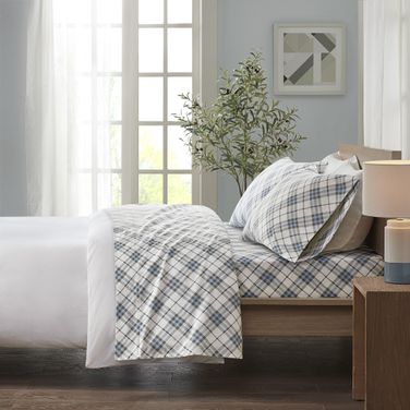Cozy Cotton Flannel 4 Piece California King Sheet Set In Blue Plaid
