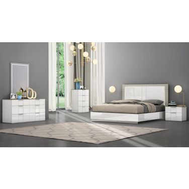 Daisy Queen Bed With High Gloss White And Upholstered Panels In Headboard In White And Stainless Steel Legs