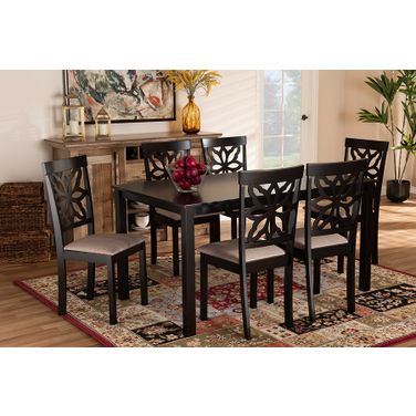 Dallas Modern and Contemporary Sand Fabric Upholstered and Dark Brown Finished Wood 7-Piece Dining Set
