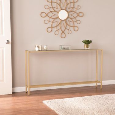 Darrin Narrow Long Console Table With Mirrored Top In Gold