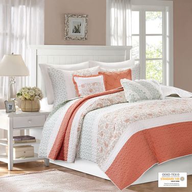 Dawn Cotton Percale Printed 6 Piece Queen Coverlet Set In Coral