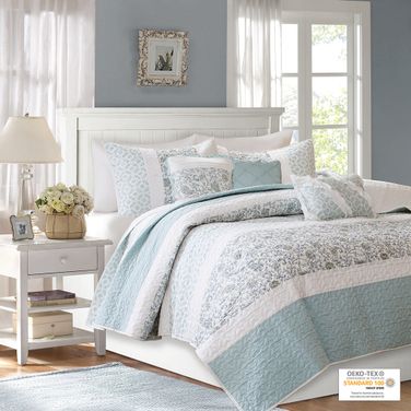 Dawn 6 Piece Cotton Percale Full/Queen Quilt Set with Throw Pillows In Aqua