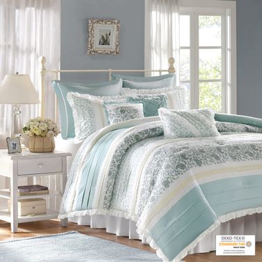 Dawn Cotton Printed Pieced 9 Piece Queen Comforter Set with Pintuck In Blue