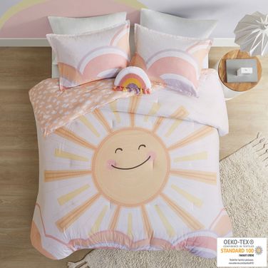Dawn Sunshine Printed Reversible 4 Piece Full/Queen Comforter Set In Yellow and Coral