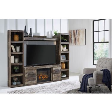 Derekson Rustic Multi Gray Small 4 Piece Entertainment Wall with Electric Fireplace