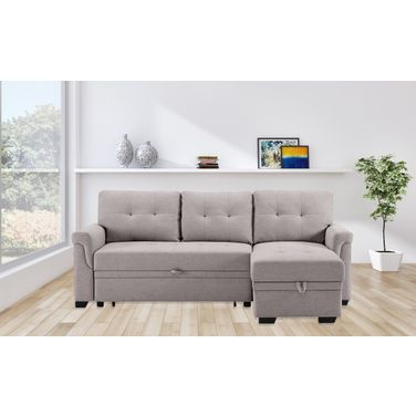 Destiny 84 Inch Linen Reversible Sleeper Sectional Sofa with Storage Chaise In Light Gray