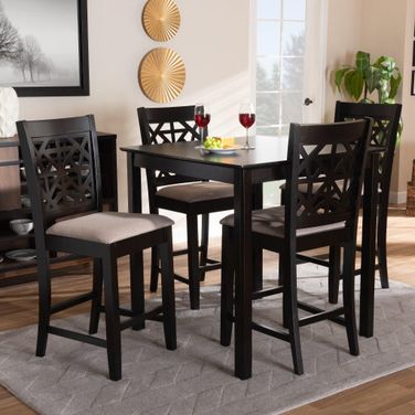 Devon Modern and Contemporary Sand Fabric Upholstered and Espresso Brown Finished Wood 5-Piece Pub Dining Set