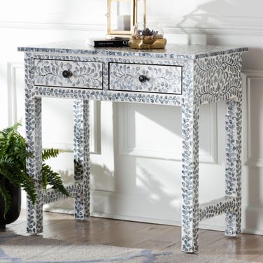 Diata Mother of Pearl Capiz Shell 2-Drawer Console Table In Black and White