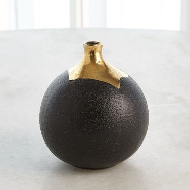 Dipped Golden Crackle And Black Sphere Small Vase In Black