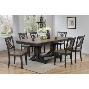 Double Pedestal Deco Double X-Back 7-Piece Dining Set In Grey Stone and Black Stone