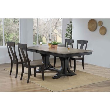 Double Pedestal Deco Panel Back 5-Piece Dining Set In Grey Stone and Black Stone