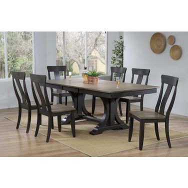 Double Pedestal Deco Panel Back 7-Piece Dining Set In Grey Stone and Black Stone