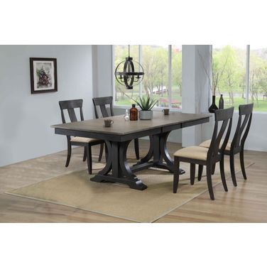 Double Pedestal Deco Upholstered Panel Back 5-Piece Dining Set In Grey Stone and Black Stone
