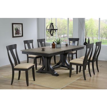 Double Pedestal Deco Upholstered Panel Back 7-Piece Dining Set In Grey Stone and Black Stone
