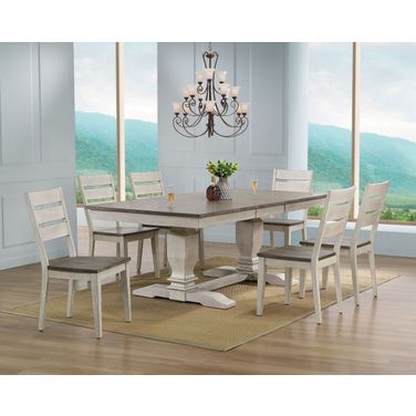 Double Pedestal Transitional Ladder Back 7-Piece Dining Set In Ash and Stormy White